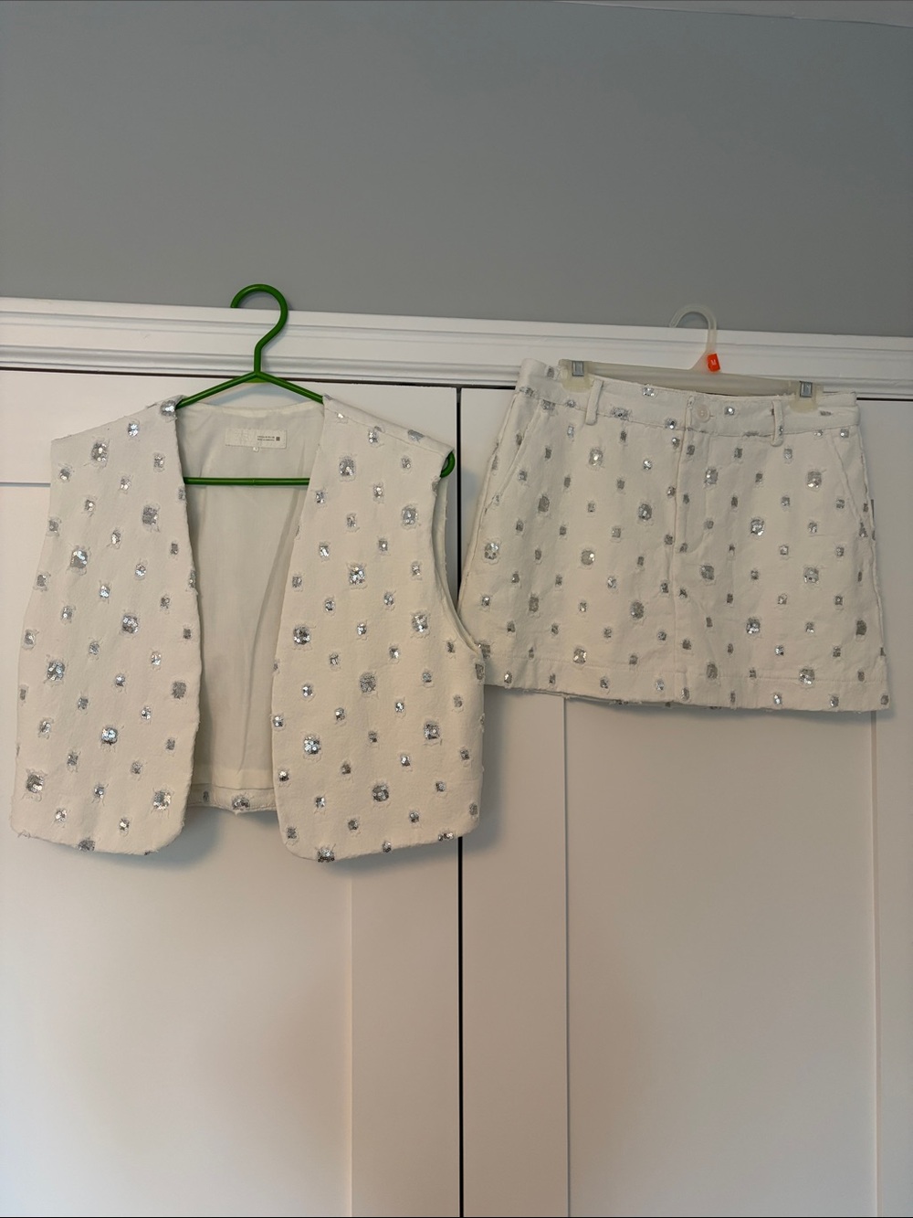 Zara White Embellished Mini Skirt with Matching Vest